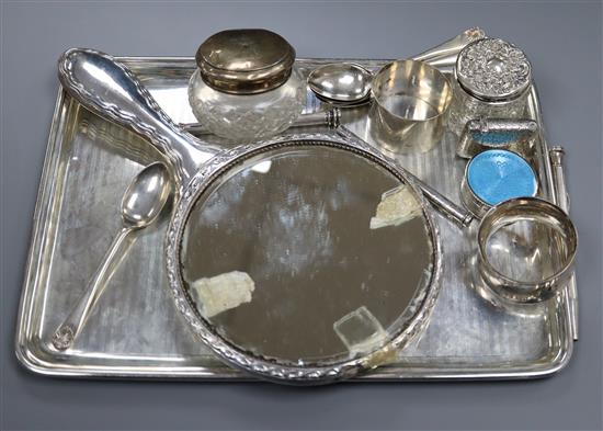 A silver dressing table tray, a silver and enamel pill box, a set of six silver coffee spoons, silver vesta case etc.